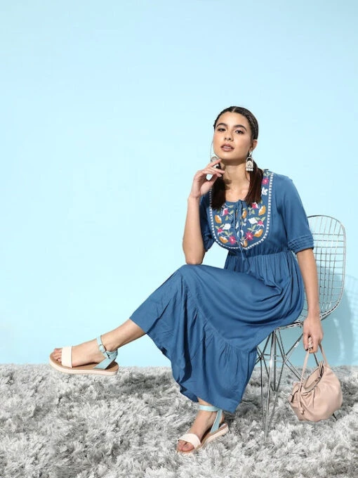 Blue Floral Embroidered Viscose Kurti - Image 3