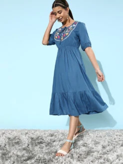 Blue Floral Embroidered Viscose Kurti