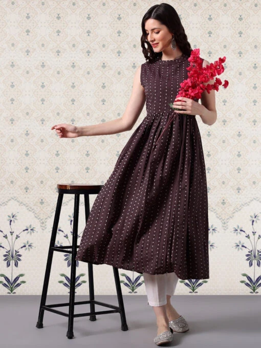 Striped Band Collar A-Line Kurti - Image 3