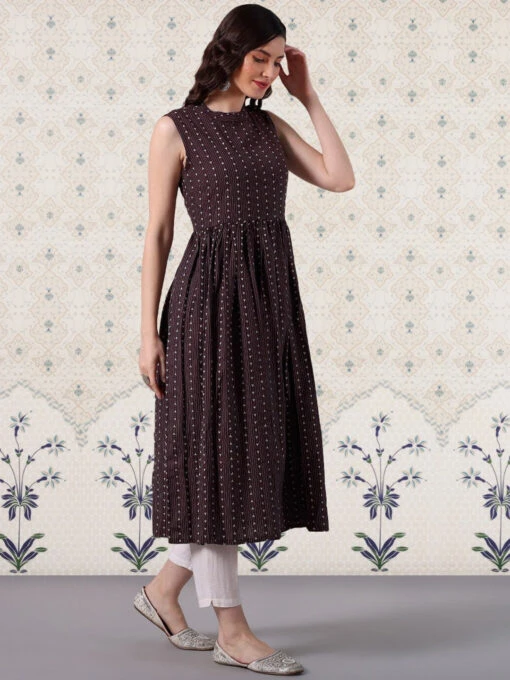 Striped Band Collar A-Line Kurti - Image 2
